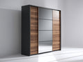Armoire à portes coulissantes-Panneau de bois-Verre-220x62x215 cm-Noir-Marron-Gris-Style moderne