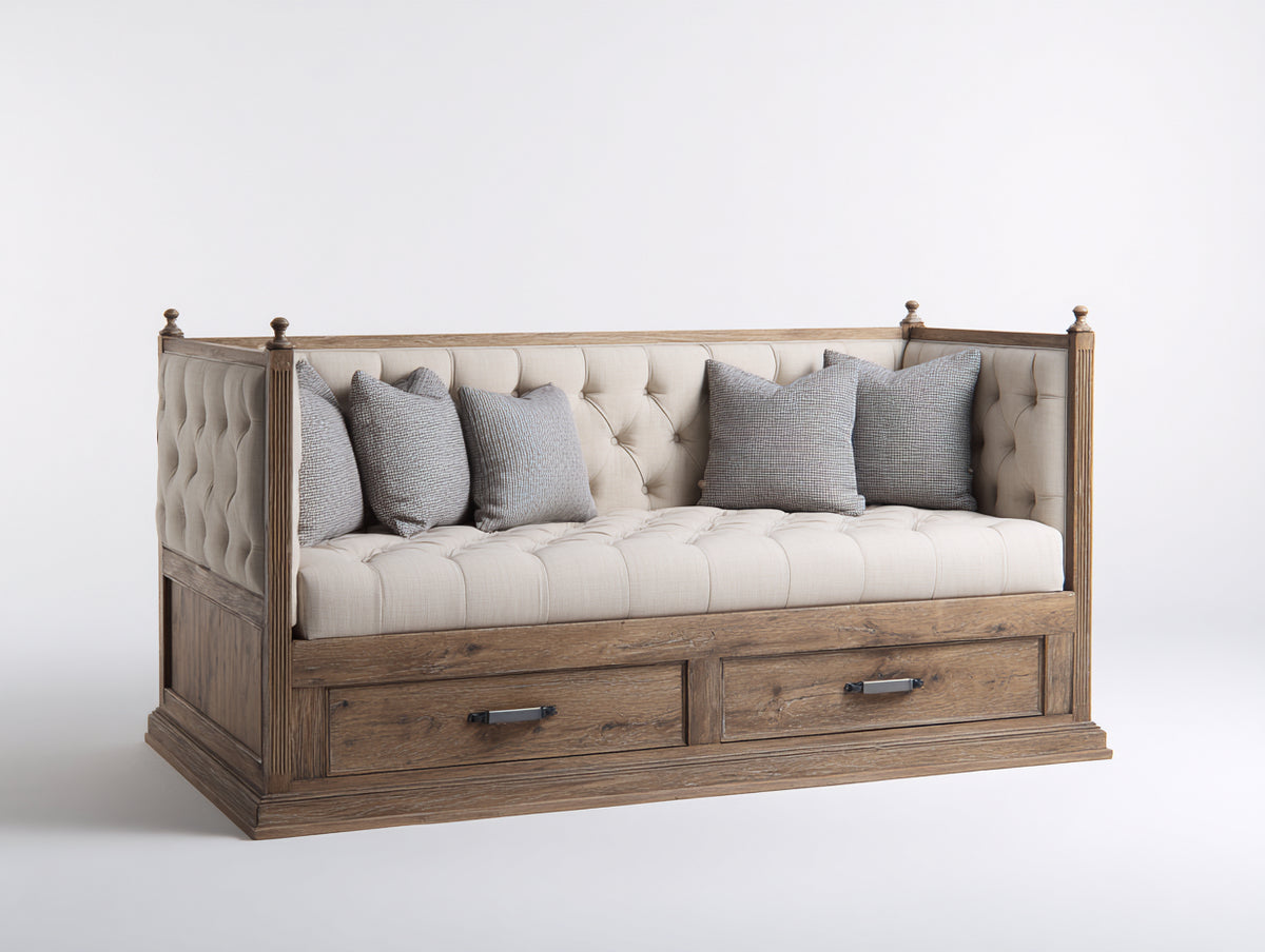 Canapé lit - Bois-Tissu - 208x103x98 cm - Brun naturel-Beige clair - Style rustique