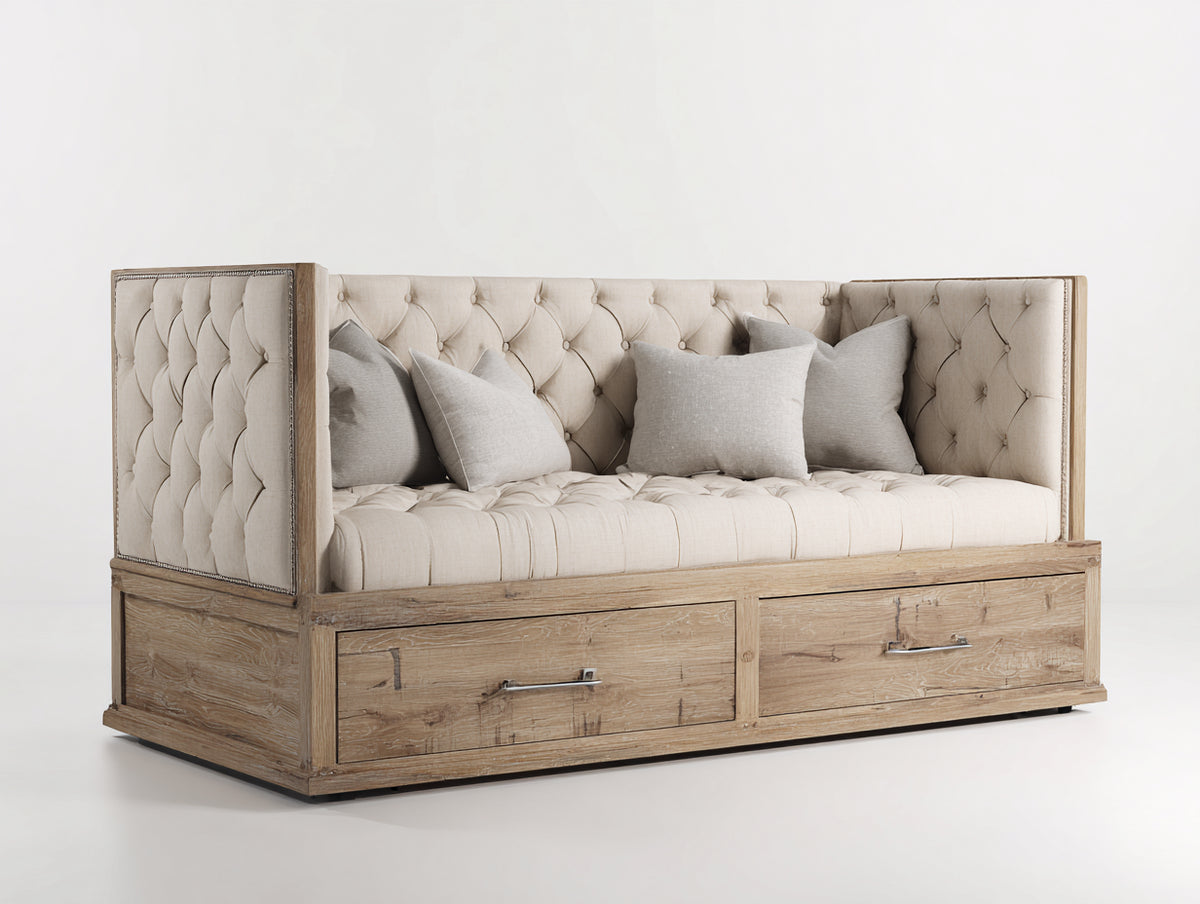 Canapé lit - Bois-Tissu - 210x104x96 cm - Chêne clair-Beige - Style vintage